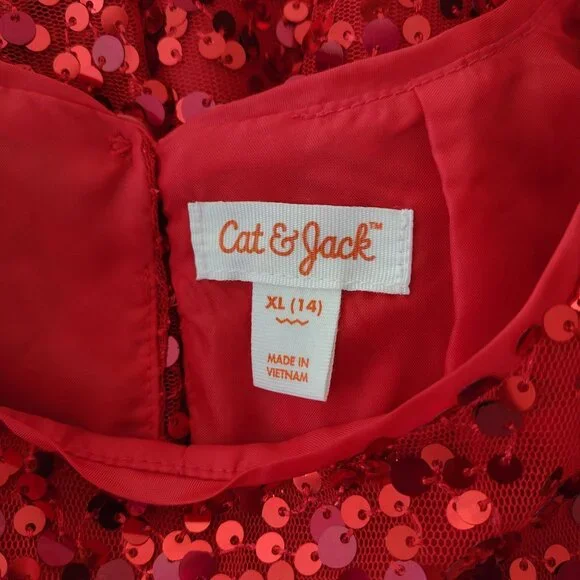 Cat & Jack Girls Red Sequin Dress XL 14 Puff Sleeve Fit n Flare - Picture 2 of 11